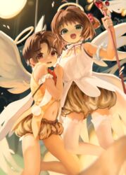  1boy :d angel_wings arm_garter brown_eyes brown_hair brown_skirt bubble_skirt cardcaptor_sakura crumbles fake_halo fake_wings female green_eyes hair_bobbles hair_ornament halo highres holding holding_staff kinomoto_sakura li_syaoran looking_at_viewer magical_girl open_mouth shirt short_hair skirt smile staff thighhighs traditional_halo white_shirt white_thighhighs white_wings wings yellow_halo 