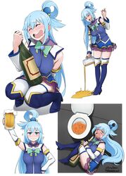  absurdres alcohol aqua_(konosuba) beer beer_mug blue_eyes blue_footwear blue_hair blue_shirt blue_skirt blue_thighhighs boots bottle censored cup despair detached_sleeves dismaiden female hair_rings highres holding holding_bottle holding_cup kono_subarashii_sekai_ni_shukufuku_wo! long_hair lying mosaic_censoring mug on_side open_mouth shirt single_hair_ring skirt solo spilling thigh_boots thighhighs toilet vomit 