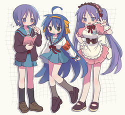  3girls :3 ahoge apron armband arms_at_sides asahina_mikuru asahina_mikuru_(cosplay) black_socks blue_eyes blue_hair blue_sailor_collar blue_skirt blush bob_cut book bow bowtie breasts brown_cardigan brown_corset brown_footwear brown_socks cardigan closed_mouth corset cosplay detached_collar dot_mouth dress dress_bow frilled_apron frilled_wrist_cuffs frills full_body furrowed_brow green_eyes grid_background hair_between_eyes hairband hairbow hand_on_own_hip hands_up highres hiiragi_kagami hiiragi_tsukasa holding holding_book index_finger_raised izumi_konata jitome kita_high_school_uniform loafers long_hair long_sleeves looking_at_another looking_at_viewer lucky_star maid maid_headdress mary_janes medium_breasts medium_hair miniskirt mole mole_under_eye multiple_girls nagato_yuki nagato_yuki_(cosplay) name_tag neckerchief no_nose open_cardigan open_clothes open_mouth orange_bow orange_hairband parted_bangs pink_dress pleated_skirt puffy_short_sleeves puffy_sleeves purple_hair red_armband red_bow red_bowtie red_neckerchief ri_(qrcode) sailor_collar school_uniform shirt shoes short_dress short_eyebrows short_sleeves sidelocks simple_background skirt socks standing straight_hair suzumiya_haruhi suzumiya_haruhi_(cosplay) suzumiya_haruhi_no_yuuutsu sweatdrop tsurime twintails v-shaped_eyebrows v_over_eye very_long_hair waist_apron white_apron white_background white_bow white_shirt winter_uniform wrist_cuffs 