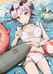  ahoge akitsushima_(kancolle) akitsushima_(swimsuit_mode)_(kancolle) ball beachball bikini blush breasts commentary_request earrings enemy_lifebuoy_(kancolle) eyewear_on_head female food hat holding holding_spoon ice_cream innertube jewelry kantai_collection looking_at_viewer lying medium_breasts mini_hat mint_chocolate on_back purple_eyes purple_hair shamomo smile solo spoon sunglasses swim_ring swimsuit water white_bikini 