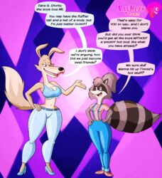  2023 anthro big_breasts blinky_bill_(series) blu3danny breasts canid canine canis clothed clothing daisy_dingo dialogue digital_media_(artwork) dingo duo english_text female footwear fur hair hi_res high_heels lipstick lisa_raccoon makeup mammal open_mouth ponytail procyonid raccoon seductive shoes smile sneakers text the_raccoons thick_thighs wide_hips 