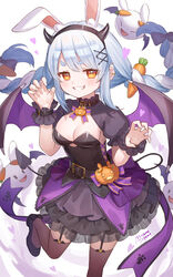  absurdres alternate_costume animal_ears bat_wings belt black_footwear braid breasts bridal_garter carrot_hair_ornament claw_pose cleavage collar female food-themed_hair_ornament frilled_skirt frills hair_ornament highres hololive long_hair looking_at_viewer medium_breasts miyamo_(fumifumi_no_ura) multicolored_hair pekomon_(usada_pekora) rabbit-shaped_pupils rabbit_ears ribbon short_eyebrows skirt symbol-shaped_pupils thighhighs twin_braids two-tone_hair usada_pekora virtual_youtuber wings x_hair_ornament 