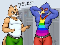  4:3 alternate_rainbow_pride_colors anthro avian bird bisexual_pride_colors blue_body blue_feathers canid canine clothed clothing detailed_background duo falco_lombardi falcon falconid feathers fox fox_mccloud fur hi_res inside lgbt_pride locker locker_room male mammal multicolored_clothing multicolored_shirt multicolored_tank_top multicolored_topwear muscular muscular_male nintendo oystercatcher7 pecs pride_color_clothing pride_color_shirt pride_color_tank_top pride_color_topwear pride_colors rainbow_pride_colors shirt skimpy star_fox tank_top topwear yellow_body yellow_fur 