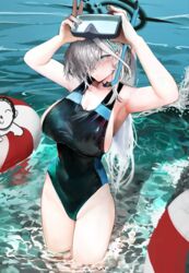  1other absurdres alternate_costume animal_ears armpits arms_up blue_archive blush breasts cleavage competition_swimsuit cosplay doodle_sensei_(blue_archive) extra_ears female goggles goggles_on_head grey_hair groin hair_over_one_eye halo highres jdep large_breasts lifebuoy long_hair looking_at_viewer one-piece_swimsuit one_eye_covered outdoors refraction sensei_(blue_archive) shiroko_(blue_archive) shiroko_(blue_archive)_(cosplay) shiroko_(swimsuit)_(blue_archive) shiroko_terror_(blue_archive) sideboob swim_ring swimsuit two-tone_one-piece_swimsuit very_long_hair wading wolf_ears 