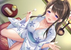  :d absurdres blue_kimono breasts brown_hair cleavage collarbone cup female highres indoors japanese_clothes kimono lamp large_breasts long_hair looking_at_viewer mimikaki mole mole_under_mouth non-web_source open_mouth original ponytail print_kimono purple_eyes sidelocks sitting smile solo suzumia_(daydream) tatami tea teacup thighs wide_sleeves yukata 