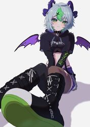  apricot_the_lich apricot_the_lich_(8th_costume) black_collar black_footwear black_hoodie black_pants boots breasts collar cropped_hoodie demon_girl demon_wings female green_eyes green_hair highleg highleg_panties hood hoodie horn_piercing large_breasts looking_at_viewer medium_hair meibin multicolored_hair panties pants purple_shorts shorts solo spiked_collar spikes streaked_hair thighhighs torn_clothes torn_pants torn_thighhighs underwear virtual_youtuber vshojo wings 