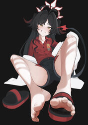  absurdres ahoge barefoot black_background black_hair black_horns black_shorts black_tail blue_archive blush coat collared_shirt demon_horns dorsiflexion feet female flat_chest foot_focus grin hair_intakes halo highres horns kasumi_(blue_archive) knees_up lab_coat lan_mao_akko legs long_hair looking_at_viewer red_halo red_shirt sandals shirt shirt_tucked_in shorts simple_background single_sandal slippers smile solo tail toenails toes unworn_sandals white_coat yellow_eyes 