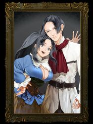  1boy :d aida_yukimasa black_hair breasts cleavage couple fata_morgana_no_yakata female grey_eyes hand_on_another&#039;s_stomach highres kane_mune large_breasts leaning_on_person long_hair long_sleeves official_art pauline_asama picture_frame ponytail shirt short_hair smile straight upper_body white_shirt 