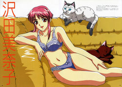  blue_bra blue_panties bra couch feline female lace-trimmed_bra lace-trimmed_panties lace_trim long_hair looking_at_viewer navel non-web_source official_art on_couch open_mouth panties pink_hair red_eyes sawada_minako scan sidelocks sitting solo translation_request underwear undressing yamada_masaki yokozuwari zenkoku_seifuku_bishoujo_grand_prix 