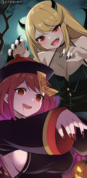  2girls alternate_costume bare_shoulders black_headwear black_nails blonde_hair breasts cleavage collarbone demon_horns demon_wings detached_sleeves eyelashes fangs floating halloween halloween_costume hands_up highres horns jack-o&#039;-lantern jiangshi_costume large_breasts long_hair medium_hair multiple_girls mythra_(xenoblade) namu_(112namu) night ofuda ofuda_on_head open_mouth outdoors outstretched_arms parted_bangs pyra_(xenoblade) red_eyes red_headwear red_nails ringed_eyes sideboob sidelocks swept_bangs twitter_username two-tone_headwear upper_body wings xenoblade_chronicles_(series) xenoblade_chronicles_2 zombie_pose 