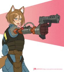  2023 action_pose aiming alanscampos animal_ears animal_humanoid armor blue_eyes blush_(makeup) brown_hair bulletproof_vest canid canid_humanoid canine canine_humanoid carina_(giantburger) clothed clothing cybernetic_arm cybernetic_limb fallout female fox_ears fox_humanoid fox_tail fully_clothed gun hair handgun hi_res holding_gun holding_handgun holding_object holding_pistol holding_ranged_weapon holding_weapon humanoid inner_ear_fluff jumpsuit lips makeup mammal mammal_humanoid microsoft pistol pose ranged_weapon solo tail tailed_humanoid torn_clothing torn_jumpsuit tuft weapon 