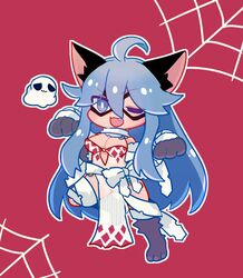  :3 ahoge animal_ears animal_hands argyle_clothes argyle_dress bandages blue_eyes blue_hair blush bow breasts bright_pupils cat_ears cat_girl chibi cleavage commentary_request detached_sleeves dress eye_mask female full_body ghost gloves goinkyo hair_between_eyes halloween_costume long_bangs long_hair looking_at_viewer medium_breasts oerba_yun_fang one_eye_closed open_mouth outline paw_gloves paw_shoes pochiko_(poteko) ragnarok_online red_background see-through see-through_dress silk simple_background sleeveless sleeveless_dress smile solo sorcerer_(ragnarok_online) spider_web standing standing_on_one_leg v-shaped_eyebrows whisper_(ragnarok_online) white_bow white_outline white_pupils white_sleeves 