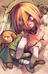  &gt;:( 1boy :o armin_arlert blonde_hair blue_eyes boots brown_footwear carrying carrying_person catching chest_belt clenched_teeth cloak exposed_muscle female female_titan from_above giant giantess green_cloak hair_between_eyes highres knee_boots open_mouth outstretched_arm pants shingeki_no_kyojin shirt short_hair size_difference surprised teeth three-dimensional_maneuver_gear titan_(shingeki_no_kyojin) v-shaped_eyebrows wamudraws white_pants white_shirt wide-eyed 