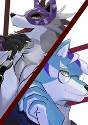  anthro blue_body blue_eyes blue_fur canid canine canis clothing duo esperdica eyewear fox fur glasses gloves grey_body grey_fur handwear hi_res huruyoki lifewonders live_a_hero male mammal mask pecs phantom_thief smile vulpecula wolf yellow_eyes 