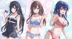  3girls :d aqua_eyes arm_behind_back bare_shoulders bikini black_dress black_hair blue_bikini blue_eyes blue_hair breasts brown_hair chikatetsu_de_bishoujo_o_mamotta_ore_nanorazu_sattara_zenkoku_de_eiyuu_atsukai_saremashita. cleavage collarbone covered_navel dress front-tie_bikini_top front-tie_top hair_ornament higeneko holding holding_removed_eyewear leg_grab medium_breasts midriff multiple_girls navel open_mouth pink_bikini pink_eyes polka_dot polka_dot_bikini ponytail sidelocks sleeveless sleeveless_dress smile stomach stomach_day sunglasses swimsuit thigh_gap unworn_eyewear waving x_hair_ornament 