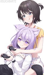  2girls ahoge animal_ear_fluff animal_ears black_skirt bloomers blue_eyes blush breasts brown_hair cat_ears cat_girl cleavage cleavage_cutout clothing_cutout controller cropped_shirt game_controller highres holding holding_controller holding_game_controller hololive large_breasts looking_at_viewer medium_hair multiple_girls nekomata_okayu nekomata_okayu_(wonderland) oerba_yun_fang official_alternate_costume oozora_subaru oozora_subaru_(loungewear) polka_dot polka_dot_bloomers purple_eyes purple_hair shirt short_hair skin_fang skirt smile suicabar72 tongue tongue_out two_side_up virtual_youtuber white_background white_bloomers white_shirt yellow_shirt 