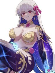  armlet armor bikini_armor blue_hair blue_skin blush bomberca309 breasts circlet cleavage collar colored_inner_hair colored_skin earrings fate/grand_order fate_(series) female flower glowing_hands gradient_skin grin hair_ribbon highres jewelry kama_(fate) kama_(third_ascension)_(fate) large_breasts long_hair looking_at_viewer lotus metal_collar multicolored_hair red_eyes ribbon smile solo thighlet thighs two-tone_hair white_hair 