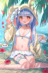  absurdres bikini blue_hair female flower frilled_bikini frills highres hololive hood hood_up hooded_sweater innertube long_hair miyamo_(fumifumi_no_ura) navel sitting sweater swim_ring swimsuit usada_pekora virtual_youtuber wariza yellow_eyes 