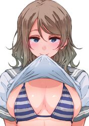  ayumu-k blue_eyes blush brown_hair clothes_lift commentary_request female highres looking_at_viewer love_live! love_live!_sunshine!! shirt_lift short_hair simple_background smile solo striped swimsuit tan tanlines watanabe_you wavy_hair 