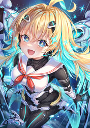  akami770 android ass blonde_hair blue_eyes blush bodysuit breasts female foot_out_of_frame from_above hair_between_eyes headgear highres impossible_clothes large_breasts leaning_forward looking_at_viewer mecha_musume mechanical_arms mechanical_legs oerba_yun_fang open_mouth ralmia_sonic_racer red_ribbon ribbon sailor_collar shadowverse skin_tight smile solo star-shaped_pupils star_(symbol) symbol-shaped_pupils thighs tongue 