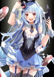  animal_ears bare_shoulders black_dress breasts bridal_garter card cleavage divergenceok don-chan_(usada_pekora) dress fake_animal_ears female frilled_dress frilled_wrist_cuffs frills hair_ornament hat highres hololive mask medium_breasts mini_hat multicolored_hair necktie official_alternate_costume poker_chip rabbit-shaped_pupils short_eyebrows symbol-shaped_pupils thighhighs usada_pekora usada_pekora_(furi_furi_bunny_dress) virtual_youtuber wrist_cuffs 