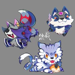  :3 :d bat_wings chibi claws closed_eyes digimon digimon_(creature) ear_piercing fangs garurumon grey_background highres loogamon lying multiple_piercings no_humans on_stomach piercing purple_wings sangloupmon smile tongue tongue_out tunomon u_u wings wolf yellow_eyes youzaiyouzai112 