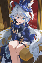  absurdres ahoge arm_support ascot asymmetrical_gloves black_ascot black_gloves blue_brooch blue_eyes blue_gemstone blue_hair blue_hat blue_jacket crossed_legs drop-shaped_pupils female furina_(genshin_impact) gem genshin_impact gloves hair_between_eyes hat highres jacket kookie light_blue_hair long_hair long_sleeves looking_at_viewer mismatched_gloves mismatched_pupils multicolored_hair open_mouth sitting smile solo symbol-shaped_pupils top_hat white_gloves white_trim_bow 