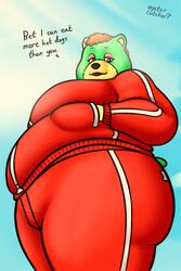  2:3 animal_crossing anthro ass bear breasts charlise_(animal_crossing) clothing english_text female fur green_body green_fur hi_res looking_at_viewer low-angle_view mammal nintendo overweight overweight_female oystercatcher7 solo text thick_thighs tracksuit 