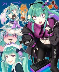  ! absurdres black_gloves black_jacket black_pants chopsticks collared_shirt computer_keyboard crop_top crown double_bun female finana_ryugu finana_ryugu_(2nd_costume) finana_ryugu_(3rd_costume) fingerless_gloves fins fishnets gloves green_hair hair_bun halterneck head_fins heart heart-shaped_pupils high_ponytail highres holding holding_chopsticks jacket japanese_clothes kimono long_hair maid_headdress mini_crown nijisanji nijisanji_en no_shoes official_alternate_costume open_clothes open_jacket pants purple_eyes purple_shirt ramnik5 sharp_teeth shirt short_kimono sitting spoken_exclamation_mark symbol-shaped_pupils teeth thighhighs twintails virtual_youtuber wariza white_thighhighs 