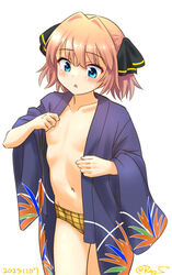  black_ribbon blue_eyes blue_kimono brown_hair collarbone cowboy_shot female flat_chest hachijou_(kancolle) hair_ribbon japanese_clothes kantai_collection kimono navel no_bra one-hour_drawing_challenge open_clothes open_kimono panties plaid plaid_panties ray.s ribbon short_hair simple_background solo underwear white_background yellow_panties yukata 