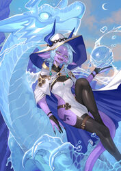  \||/ absurdres black_nails blue_background blue_cape blue_eyes blue_hair blue_horns blue_sky braid breasts cape colored_skin commission crescent_moon dragon dragon_girl dragon_horns dragon_riding dragon_tail fangs female fingernails foot_out_of_frame gloves hand_up highres hood hood_down hooded_cape horns long_hair looking_at_viewer medium_breasts monster_girl moon open_mouth orb original partially_fingerless_gloves pelvic_curtain pointy_ears pointy_hat purple_scales purple_skin scales sharp_fingernails sitting skeb_commission sky solo sumosamo tail thighhighs twin_braids two-sided_cape two-sided_fabric water water_dragon white_cape white_headwear 