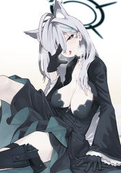  animal_ear_fluff animal_ears black_dress black_jacket blue_archive blue_eyes blush breasts choker cleavage collarbone cropped_jacket cross_hair_ornament dress extra_ears female grey_hair gun hair_ornament halo highres iwasaki_takashi jacket large_breasts long_hair long_sleeves looking_at_viewer open_clothes open_jacket open_mouth shiroko_(blue_archive) shiroko_terror_(blue_archive) sidelocks simple_background sitting solo thighs tongue tongue_out variant_set weapon white_background wolf_ears 