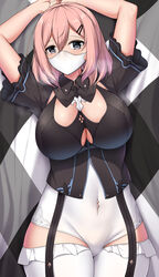  absurdres arms_up bed_sheet black_shirt breasts cleavage clip_studio_paint_(medium) collared_shirt commentary cowboy_shot english_commentary female framed_breasts garter_straps grey_eyes hair_between_eyes hair_ornament hairclip highres honkai_(series) honkai_impact_3rd large_breasts leotard looking_at_viewer lying mask medium_hair mouth_mask on_back pink_hair shadow sheita shirt short_sleeves sidelocks solo sweat thighhighs timido_cute underboob white_leotard white_thighhighs 