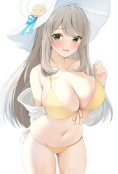  absurdres bare_arms bare_legs bare_shoulders bikini blue_archive blue_ribbon blush breasts cleavage collarbone cowboy_shot female front-tie_bikini_top front-tie_top green_eyes green_halo halo hat hat_ribbon highres large_breasts light_brown_hair long_hair looking_at_viewer navel nonomi_(blue_archive) nonomi_(swimsuit)_(blue_archive) official_alternate_costume open_mouth rei_(ilust9999) ribbon side-tie_bikini_bottom simple_background solo swimsuit white_background white_hat yellow_bikini 