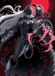  black_bodysuit bodysuit breasts chains claws colored_skin demon demon_girl digimon digimon_(creature) female gingrjoke grey_hair grey_skin highres ladydevimon large_breasts long_hair looking_at_viewer mask open_mouth red_eyes skull solo torn_clothes 