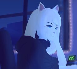  alarm_clock anthro blue_eyes clock clothing dakota_(yeetboi420z) detailed_background domestic_cat electronics felid feline felis fur hair headphones hi_res hoodie male mammal night solo string_lights topwear white_body white_fur white_hair yeetboi420z 