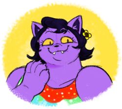  2019 accessory anthro black_hair bust_portrait catty_(undertale) deltarune domestic_cat fangs felid feline felis female flower flower_in_hair fur hair hair_accessory mammal plant portrait purple_body purple_fur silverscarf smile solo teeth undertale_(series) yellow_sclera 