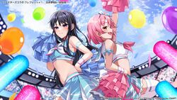  2girls :d arm_strap arm_up assault_lily audience balloon bare_shoulders black_hair blue_bow blue_sailor_collar blue_shirt blue_skirt blue_sky blurry blurry_background blush bow breasts brown_eyes cheerleader closed_mouth cloud commentary_request confetti cowboy_shot crop_top day from_side glowstick hairbow hand_on_own_hip hand_up hitotsuyanagi_riri holding holding_pom_poms leg_up long_hair looking_ahead medium_breasts midriff miniskirt moonbell multiple_girls navel neckerchief official_alternate_costume official_art one_side_up open_mouth outdoors outstretched_arm pink_hair pink_neckerchief pleated_skirt pom_pom_(cheerleading) profile purple_eyes rainbow sailor_collar shirai_yuyu shirt short_hair skirt sky sleeveless sleeveless_shirt smile stadium standing standing_on_one_leg stomach thighhighs very_long_hair watermark white_neckerchief white_shirt white_thighhighs wristband zettai_ryouiki 