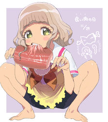  animal_print barefoot bike_shorts biting black_shorts blush boned_meat brown_hair commentary_request dress eating female fingernails food hands_up holding holding_food looking_at_viewer meat moudoku_(decopon3rd) neckerchief open_mouth paprika_private_academy_school_uniform pretty_series print_neckerchief pripara sailor_collar school_uniform sharp_fingernails short_dress short_hair short_hair_with_long_locks short_sleeves shorts solo spread_legs squatting taiyo_pepper teeth tiger_print translation_request white_sailor_collar yellow_dress yellow_eyes 