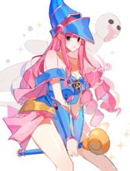  bad_id bad_twitter_id black_eyes braid commentary_request cosplay dark_magician_girl dark_magician_girl_(cosplay) dress drill_hair duel_monster female ghost hat joman korean_commentary long_hair looking_at_viewer one_piece perona pink_hair short_dress sidelocks simple_background star_(symbol) strapless strapless_dress white_background yu-gi-oh! 