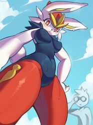  absurd_res anthro beach bikini bodily_fluids breasts cinderace clothing female generation_8_pokemon hare hi_res lagomorph leporid low-angle_view mammal medium_breasts nintendo one-piece_swimsuit pokemon pokemon_(species) seaside solo sweat swimwear worm&#039;s-eye_view yarney 