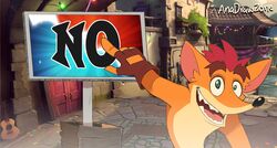  activision anadrawzone anthro artist_name bandicoot clothing crash_(series) crash_bandicoot eyebrows fingerless_gloves fur gesture gloves green_eyes hand_gesture handwear hi_res inner_ear_fluff male mammal marsupial open_mouth pointing reaction_image sign solo teeth tuft 