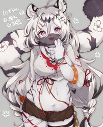  animal_hands breasts female furry furry_female hair_ornament hannah_(mahjong_soul) highres jewelry large_breasts mahjong_soul midriff mokumokuuma mouth_veil navel necklace open_fly shirt short_shorts shorts simple_background tied_shirt tiger_girl unbuttoned veil white_hair 