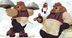  2023 alto_(breeze_in_the_clouds) anthro apron bear bernie_burr biped bottomwear breeze_in_the_clouds brown_body brown_fur closed_eyes clothing cloud fur hi_res humanoid_hands male mammal musclegut muscular pants shirt solo topwear 