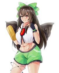  abs adapted_costume arm_cannon atom bird_wings black_gloves black_wings blush bow bright_pupils closed_mouth commentary crop_top english_commentary female fingerless_gloves ginari gloves green_bow green_shorts hairbow highres looking_at_viewer muscular muscular_female navel red_eyes reiuji_utsuho shirt shorts simple_background sleeveless sleeveless_shirt smile solo touhou weapon white_background white_pupils wings 