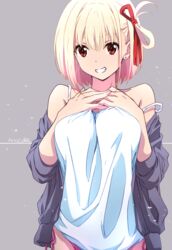  bare_shoulders black_jacket blonde_hair breasts clenched_teeth commentary_request dated female grey_background hair_ribbon hands_on_own_chest highres jacket large_breasts looking_at_viewer lycoris_recoil nii_manabu nishikigi_chisato off_shoulder red_eyes red_ribbon ribbon shirt short_hair signature simple_background smile solo teeth white_shirt 