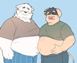  2023 anthro belly big_belly blue_background blush bottomwear canid canine canis closed_eyes clothed clothing domestic_dog domestic_pig duo hi_res inunoshippo kemono male mammal overweight overweight_male raised_clothing raised_shirt raised_topwear shirt shorts simple_background suid suina sus_(pig) topwear 