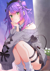  bare_shoulders black_headwear black_skirt colored_inner_hair demon_tail divergenceok ear_piercing female green_eyes hair_ornament highres hololive horns looking_at_viewer multicolored_hair official_alternate_costume piercing pink_eyes purple_hair skirt sleeves_past_fingers sleeves_past_wrists socks streaked_hair sweater tail tail_ornament tail_piercing tokoyami_towa tokoyami_towa_(jirai_kei) virtual_youtuber white_socks x_hair_ornament 