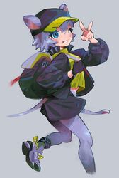  animal_ears arknights arm_up bachikori-ken backpack bad_hands bag baseball_cap black_gloves black_hat black_jacket black_skirt blue_eyes blush breasts click_(arknights) commentary cropped_legs ears_through_headwear female gloves grey_background grey_hair grey_pantyhose hat highres infection_monitor_(arknights) jacket leg_up looking_at_viewer medium_breasts midriff_peek mouse_ears mouse_tail one_eye_closed pantyhose shirt shoes short_hair simple_background single_glove skirt smile sneakers solo tail v yellow_shirt 