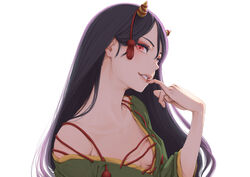  absurdres black_hair breasts commentary_request female green_shirt highres horns kawayabug long_hair nippaku_zanmu oni_horns partial_commentary red_eyes shirt simple_background small_breasts solo touhou upper_body white_background yellow_horns 